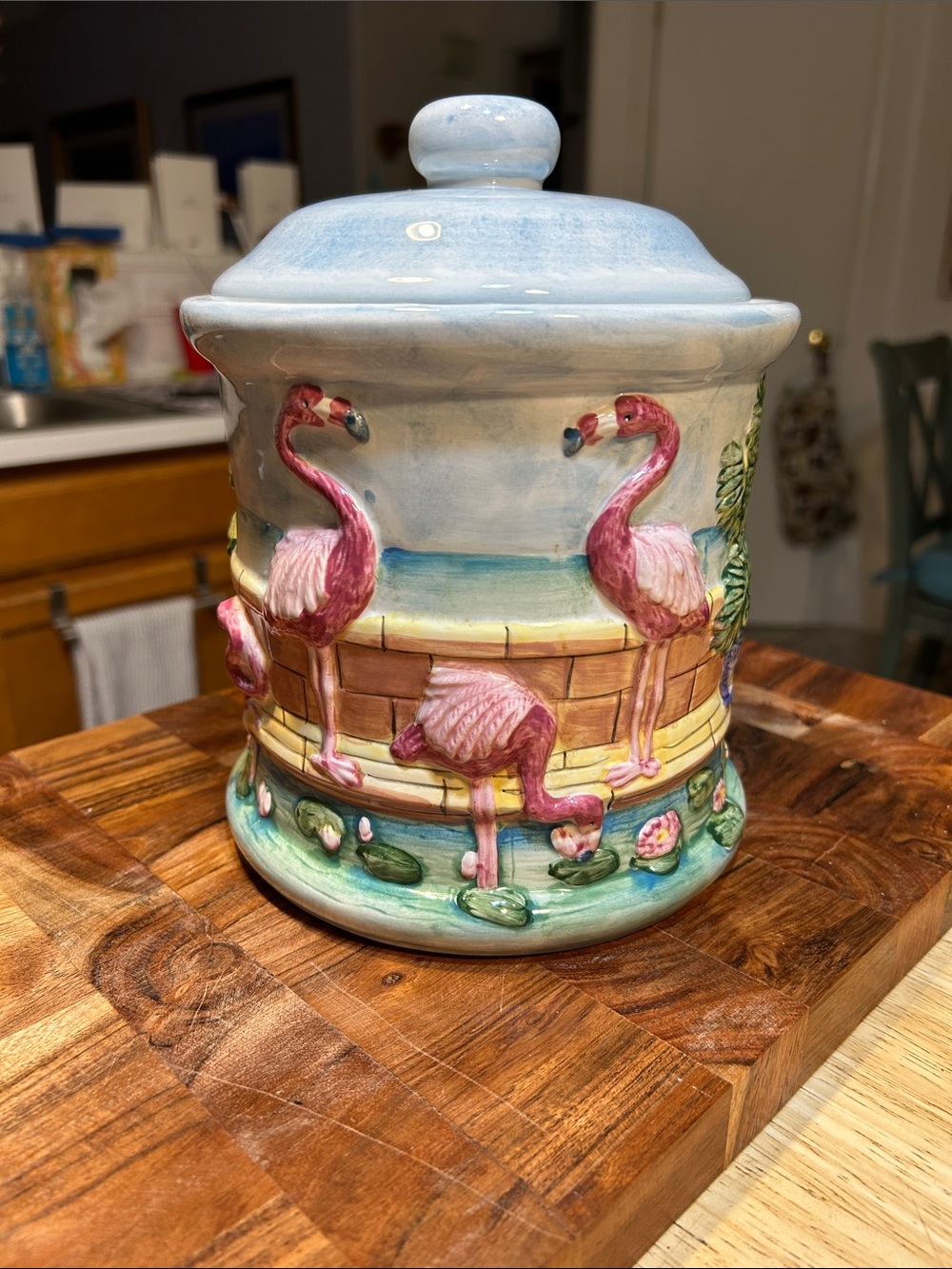 Ceramic Flamingo Canister or  cookie jar- Hand-Painted Pink & Blue